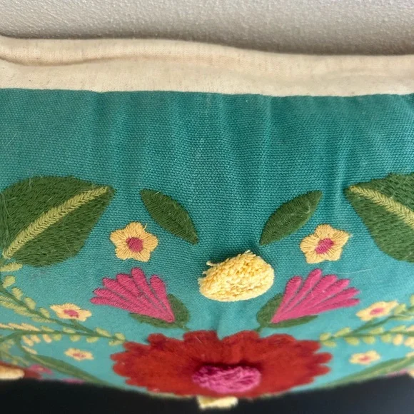 Pier 1 Boho Embroidered Teal and Pink Floral Pillow with Tassels - Picture 7 of 7